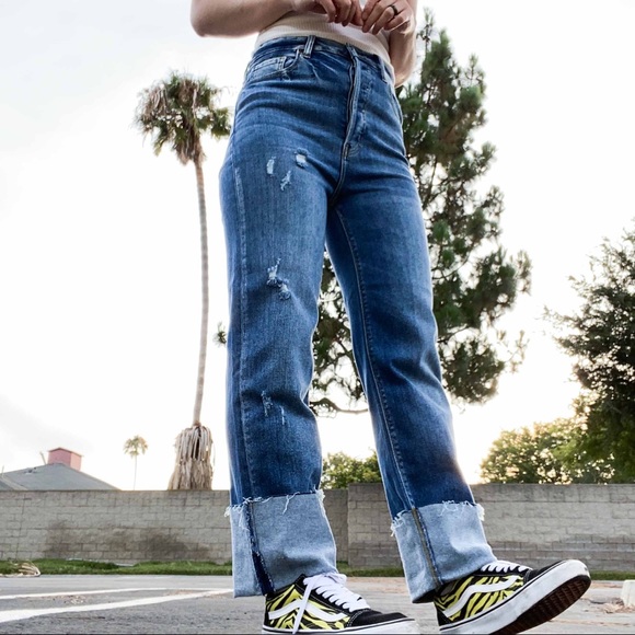 SmilingBear Denim - NWT hi rise distress roll-up wide leg jeans